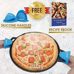 16 Inch Cast Iron Pizza Pan round Griddle by with FREE Silicone Handles and 30