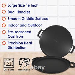 16 Inch Cast Iron Pizza Pan round Griddle by with FREE Silicone Handles and 30