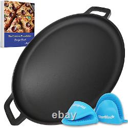 16 Inch Cast Iron Pizza Pan round Griddle by with FREE Silicone Handles and 30