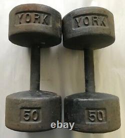(2) 50 Lb 100 pound total Vintage YORK Roundhead Dumbbells Solid Weightlifting