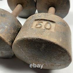 (2) 50 Lb Vintage YORK Roundhead Dumbbells Solid Free Shipping Weightlifting