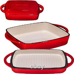 2-In-1 Square Enameled Cast Iron Dutch Oven Baking Pan and Gridle Lid with Dual