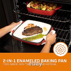 2-In-1 Square Enameled Cast Iron Dutch Oven Baking Pan and Gridle Lid with Dual