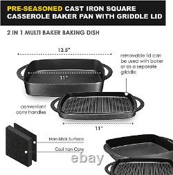 2-In-1 Square Pre-Seasoned Cast Iron Dutch Oven with Handles, Black Cast Iron Sk