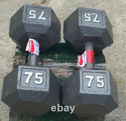 2 NEW Weider Cast Iron Hex 75 lb Dumbbell Set Knurled Grip 150 lbs