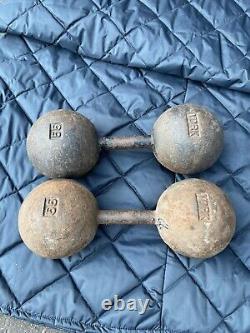2 RARE Vintage York 55 lb Cast Iron Globe Dumbbell Set 110 Lbs