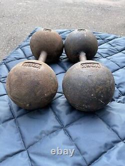 2 RARE Vintage York 55 lb Cast Iron Globe Dumbbell Set 110 Lbs