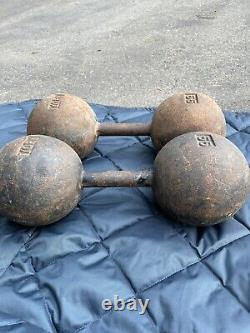 2 RARE Vintage York 55 lb Cast Iron Globe Dumbbell Set 110 Lbs