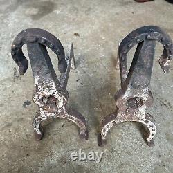 2 VINTAGE, HORSE SHOE CAST IRON FIRE DOGS 15.5L X 6.5W X 15rH, 24 LBS TOTAL
