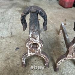 2 VINTAGE, HORSE SHOE CAST IRON FIRE DOGS 15.5L X 6.5W X 15rH, 24 LBS TOTAL