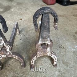 2 VINTAGE, HORSE SHOE CAST IRON FIRE DOGS 15.5L X 6.5W X 15rH, 24 LBS TOTAL