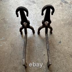 2 VINTAGE, HORSE SHOE CAST IRON FIRE DOGS 15.5L X 6.5W X 15rH, 24 LBS TOTAL