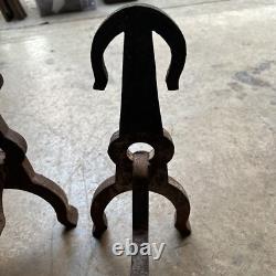 2 VINTAGE, HORSE SHOE CAST IRON FIRE DOGS 15.5L X 6.5W X 15rH, 24 LBS TOTAL