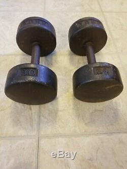 2 York Barbell 30 Lb Roundhead Dumbbells Vintage USA Stamp Pair Free Weights