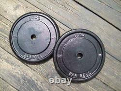 2 vtg YORK BARBELL 20lb. PLATES Bodybuilding STRONGMAN Fitness HOMEGYM Milo IRON