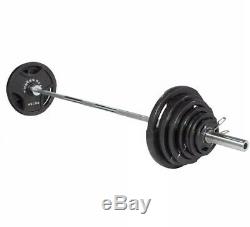 300 Lb POUND Weight Set Olympic BARBELL Plates 7 FT Cast Iron Steel Bar GYM
