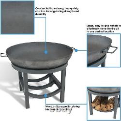30 in Round Cast Iron Fire Pit Bowl with Built-In Log Rack by Sunnydaze