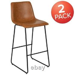 30 inch Leather Soft Bar Height Barstools in Light Brown, Set of 2