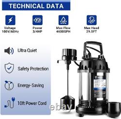 3/4HP 4600GPH Sump Pump, Submersible Cast Iron and Stainless Steel Sump Pump