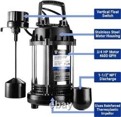 3/4HP 4600GPH Sump Pump, Submersible Cast Iron and Stainless Steel Sump Pump