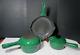 5 Pc Le Creuset Enameled Cast Iron Green #14 Saucepan Lid #18 2 In 1 #23 Skillet