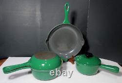 5 PC LE CREUSET ENAMELED CAST IRON GREEN #14 SAUCEPAN LID #18 2 in 1 #23 SKILLET