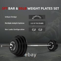 95LB Standard Weight Set, Cast Iron Plates & 5FT Barbell with Star Locks, Black