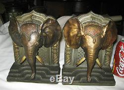 ANTIQUE 19 1/2 lb BRADLEY HUBBARD CAST IRON ELEPHANT TUSK SCULPTURE ART BOOKENDS