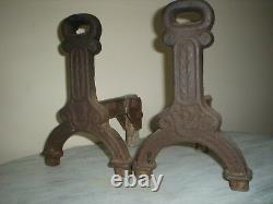 ANTIQUE CAST IRON RING TOP No. 2 ANDIRONS UNIQUE DESIGN 13 Lbs. EACH VGC