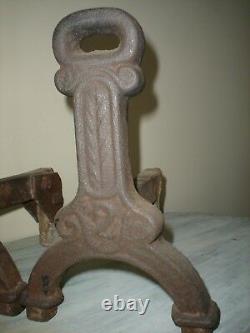 ANTIQUE CAST IRON RING TOP No. 2 ANDIRONS UNIQUE DESIGN 13 Lbs. EACH VGC