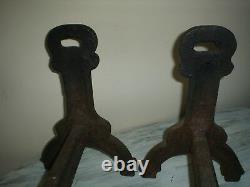 ANTIQUE CAST IRON RING TOP No. 2 ANDIRONS UNIQUE DESIGN 13 Lbs. EACH VGC