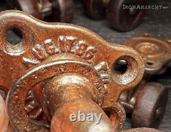 ANTIQUE FURNITURE CASTER SET, Small Victorian Vtg Cast Iron Table Wood Wheels