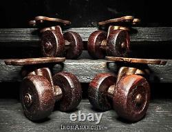 ANTIQUE FURNITURE CASTER SET, Small Victorian Vtg Cast Iron Table Wood Wheels