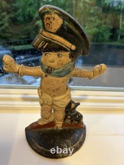 ANTIQUE POLICE BOY Baby DOG CAST IRON STATUE DOORSTOP HUBLEY Nice
