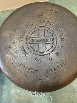 Antiq. Griswold #8 Tite-Top Cast Iron Dutch Oven 1278/Lid A2551 Cleaned/Seasoned