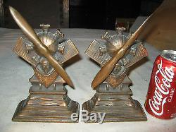 Antique 5 1/2 Lbs Solid Cast Iron Airplane Engine Propeller Pilot Art Bookends