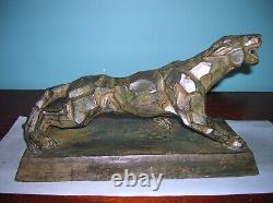 Antique Art Deco Cubism panther lion art sculpture, cast iron, A. Notari, 12 lbs