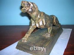 Antique Art Deco Cubism panther lion art sculpture, cast iron, A. Notari, 12 lbs