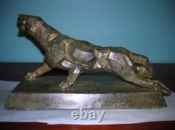 Antique Art Deco Cubism panther lion art sculpture, cast iron, A. Notari, 12 lbs