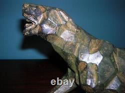 Antique Art Deco Cubism panther lion art sculpture, cast iron, A. Notari, 12 lbs