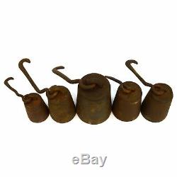Antique CAST IRON SLIDING SCALE WEIGHT Lot of 5 Hanging HOOK WEIGHTS 22 lb Total
