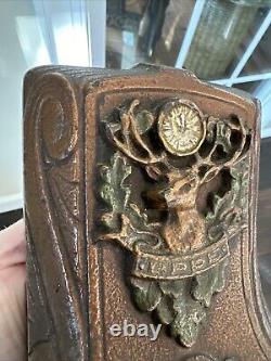 Antique Cast Iron BPOE Elks Lodge Antler Clock Single Bookend HEAVY! Over 6 LBS