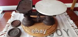 Antique English Cast Iron And White Ironstone Slab Kitchen Balance Scale Great