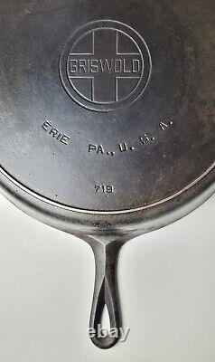 Antique Griswold No. 12 Cast Iron Skillet Pan P/n 719 Lbl Heat Ring Erie Pa USA