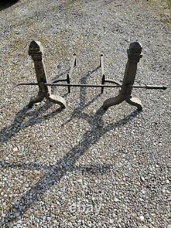 Antique Hammed Cast Iron Peerless Andirons And Poker. LB