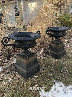 Antique Pair Cast Iron Urns Planters with Handles (122.5 lbs. Each)+ on Risers