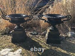Antique Pair Cast Iron Urns Planters with Handles (122.5 lbs. Each)+ on Risers