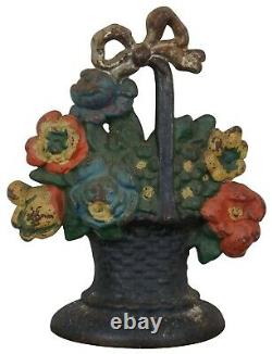 Antique Victorian 6 lb Cast Iron Flower Basket Bouquet Door Stop Americana 8