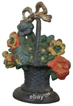 Antique Victorian 6 lb Cast Iron Flower Basket Bouquet Door Stop Americana 8