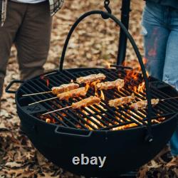 Ash & Ember 30 Cast Iron Cauldron Fire Pit Bowl, Grill Grate, Chain, Stand